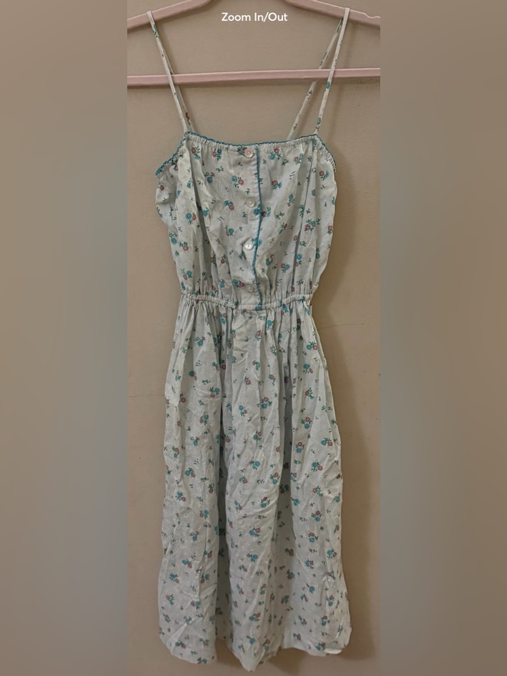 Vintage Floral Spaghetti-Strap Summer Dress - Light Cream with Teal Accents